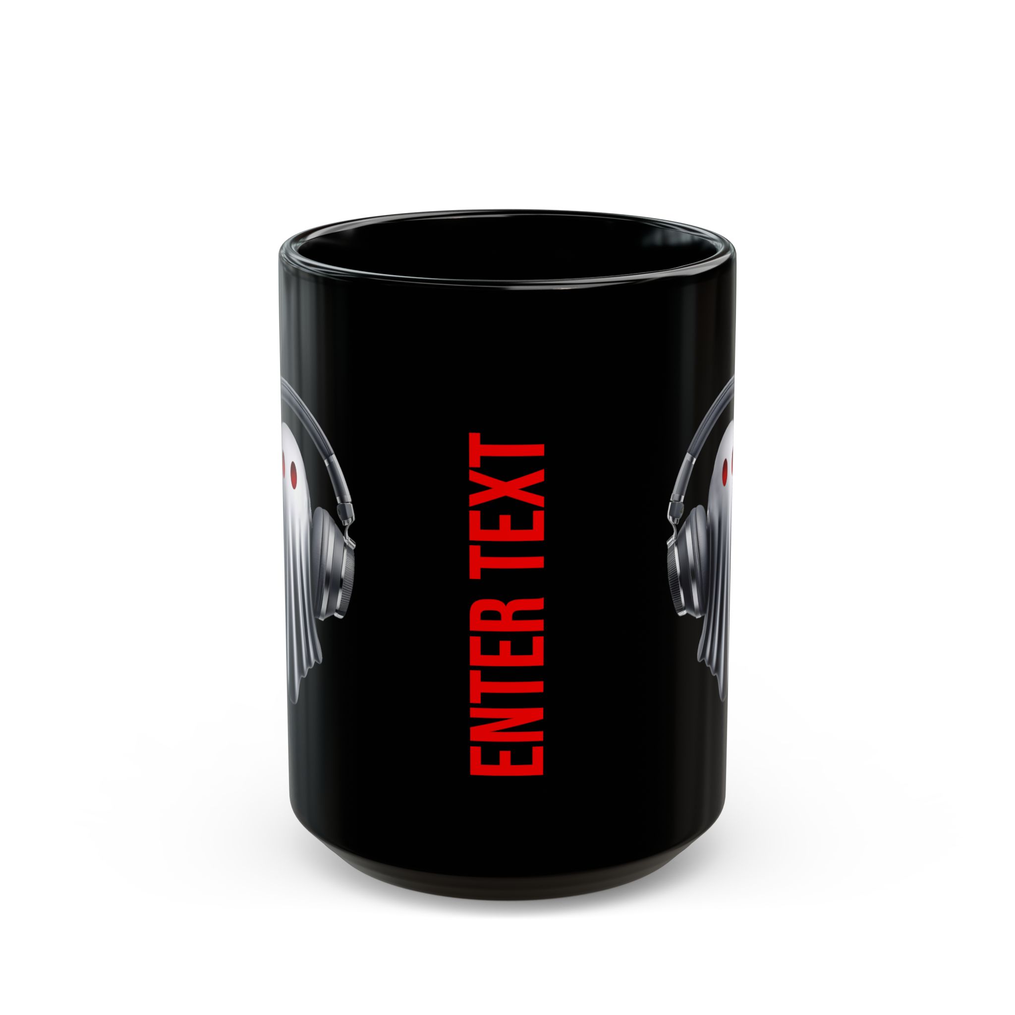 Ghost DJ — Black Ceramic Coffee Cup with Headphone Ghost Design (Custom Text) - Image 3