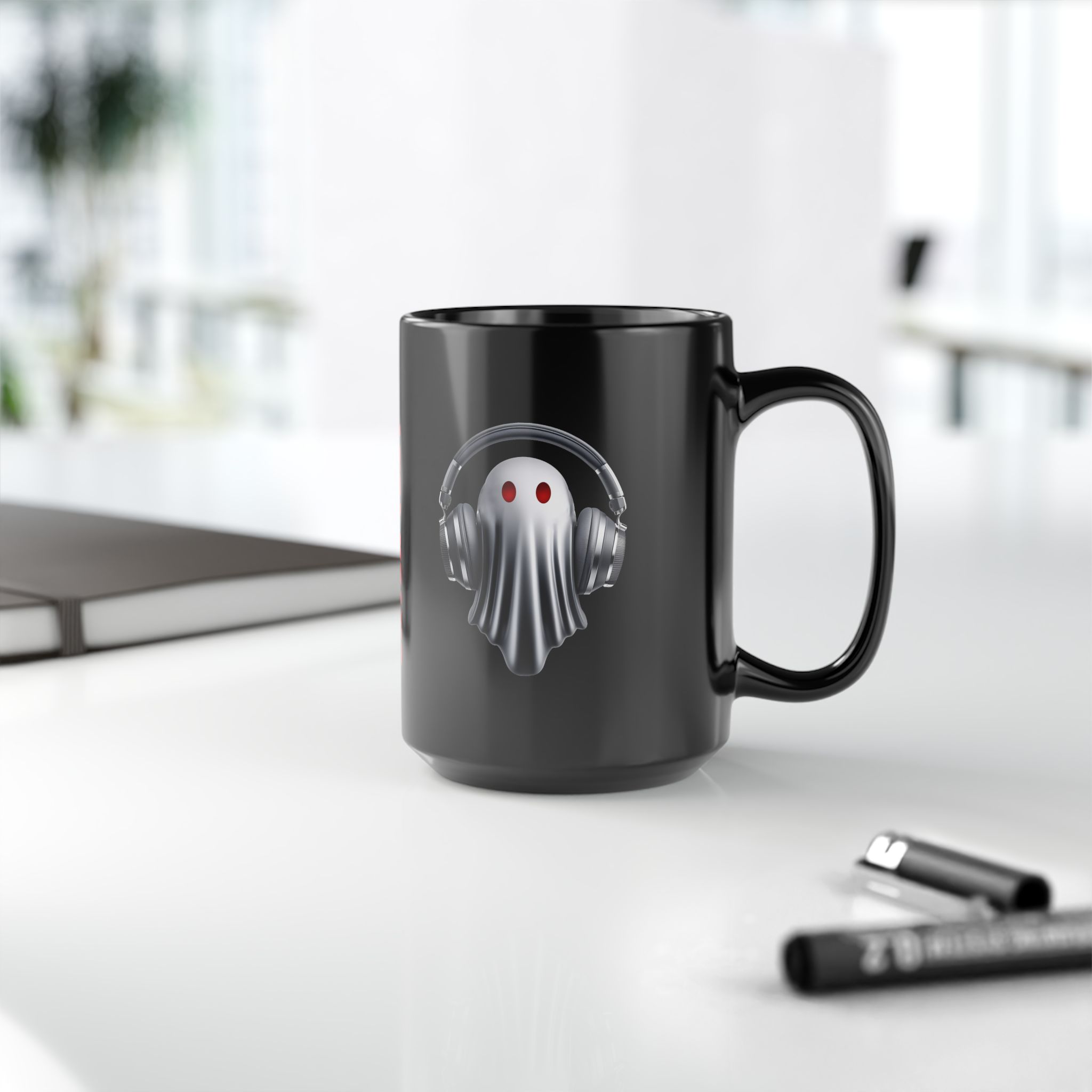 Ghost DJ — Black Ceramic Coffee Cup with Headphone Ghost Design (Custom Text) - Image 2