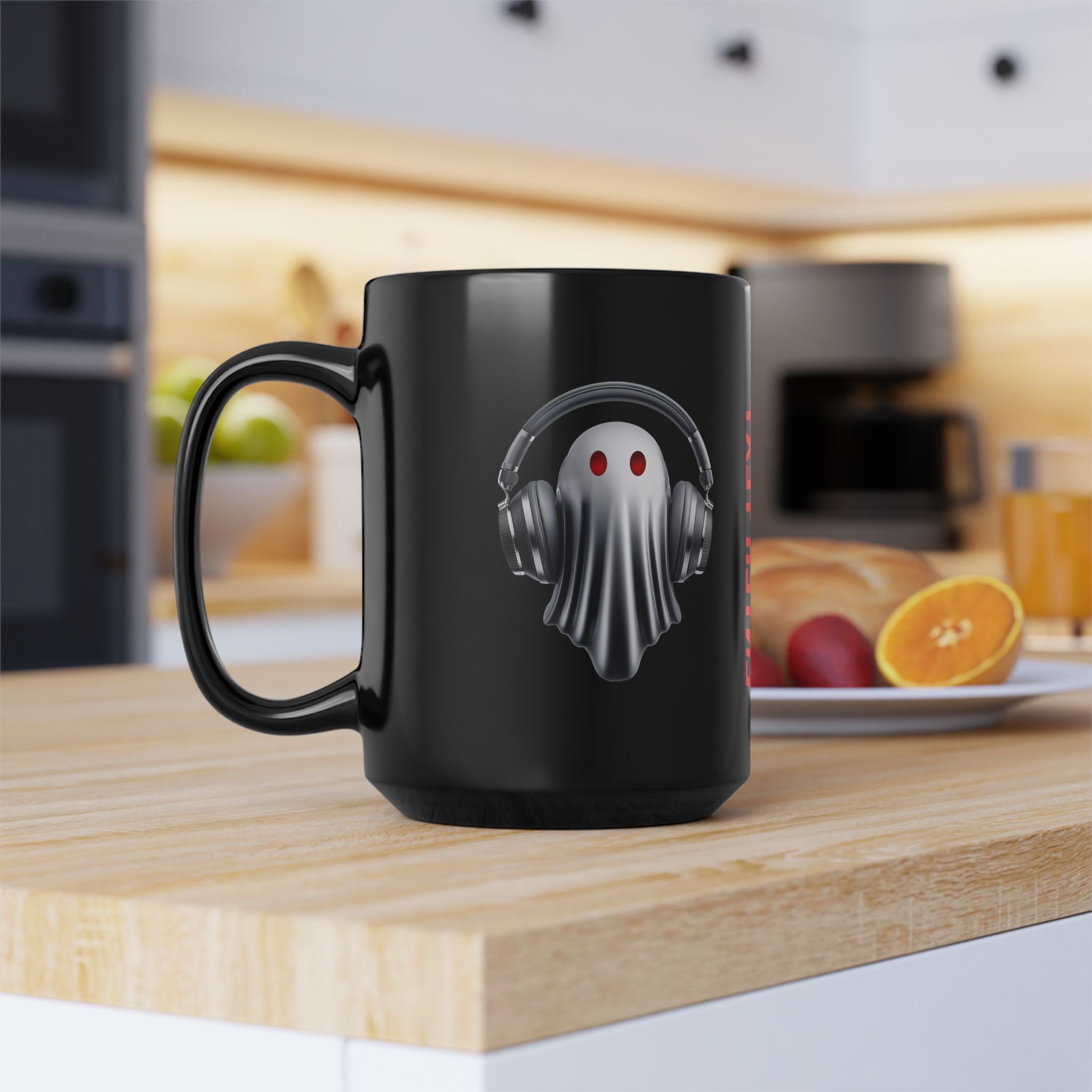 Ghost DJ — Black Ceramic Coffee Cup with Headphone Ghost Design (Custom Text)