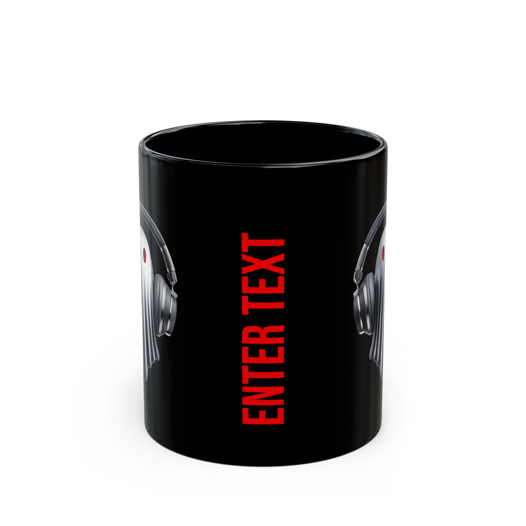 Ghost DJ — Black Ceramic Coffee Cup with Headphone Ghost Design (Custom Text) - Image 4
